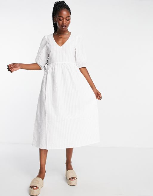 Seersucker One-Shoulder Puff-Sleeve Midi Dress