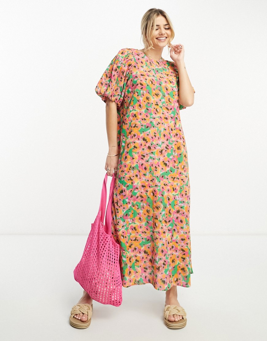 Monki seersucker puff sleeve midi dress in bright pink floral print in multi