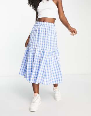 blue ruffle midi skirt