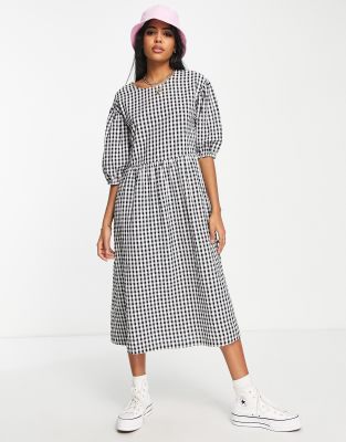 Monki seersucker smock dress in black and white gingham  - ASOS Price Checker