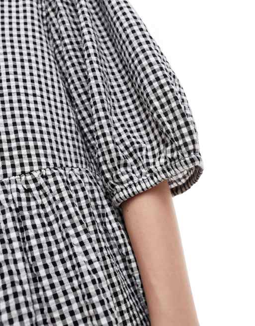 Monki seersucker smock midi dress in black and white gingham | ASOS