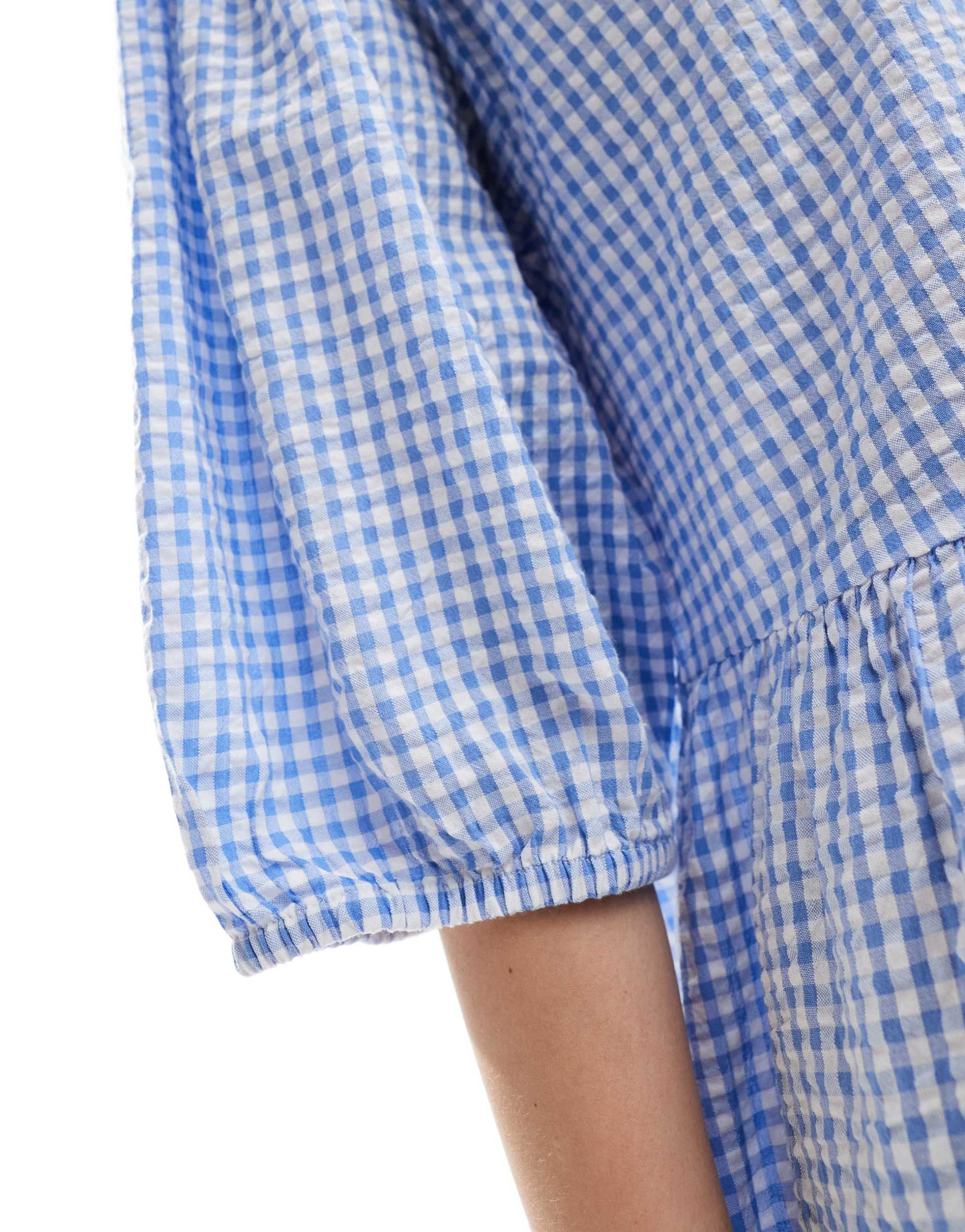 monki seersucker smock midi dress in blue and white gingham
