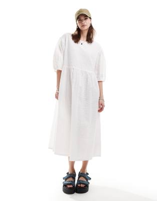 Monki Seersucker Smock Midi Dress In White