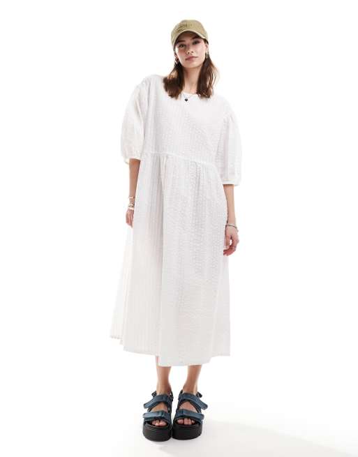 Monki seersucker smock midi dress Moncler in white