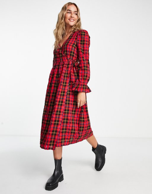 Women Ladies Long Sleeve Plaid Tartan Midi Dress Party Shirt Tops