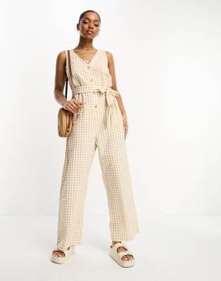 Monki seersucker tie waist jumpsuit in beige gingham