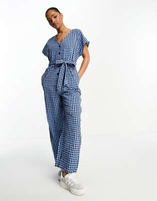 Monki seersucker tie waist jumpsuit in blue and black gingham-Multi