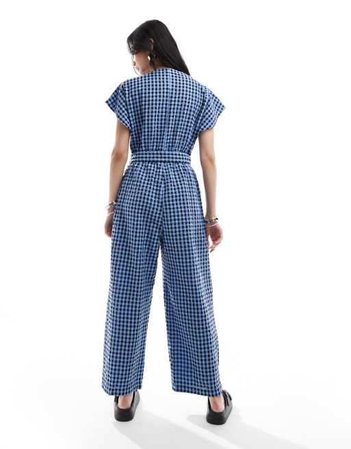 Monki seersucker tie waist jumpsuit in blue and black gingham ASOS