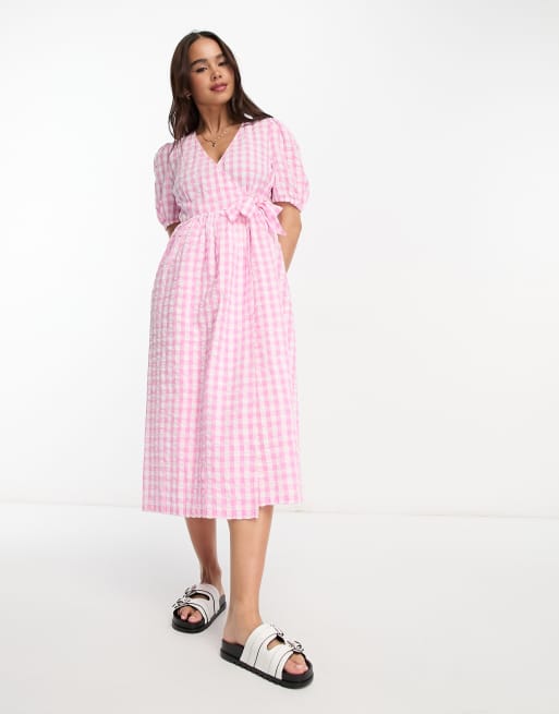 Monki Seersucker Wrap Midi Dress In Pink And White Gingham Asos