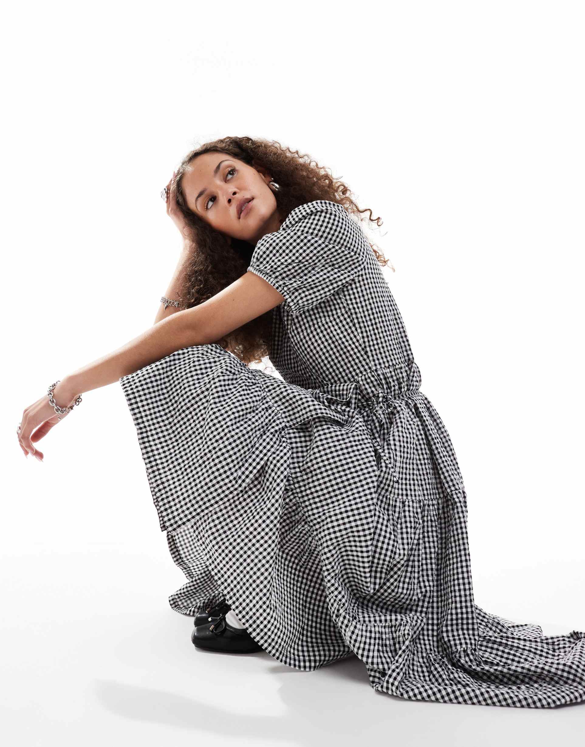 monki seersucker wrap midi dress with tiered layers in black and white gingham