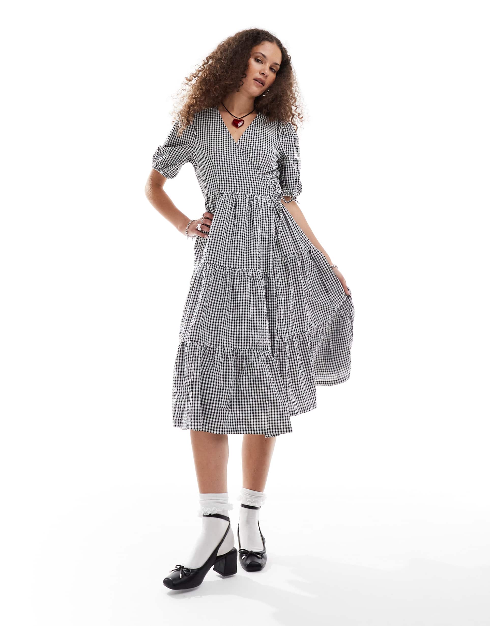 monki seersucker wrap midi dress with tiered layers in black and white gingham