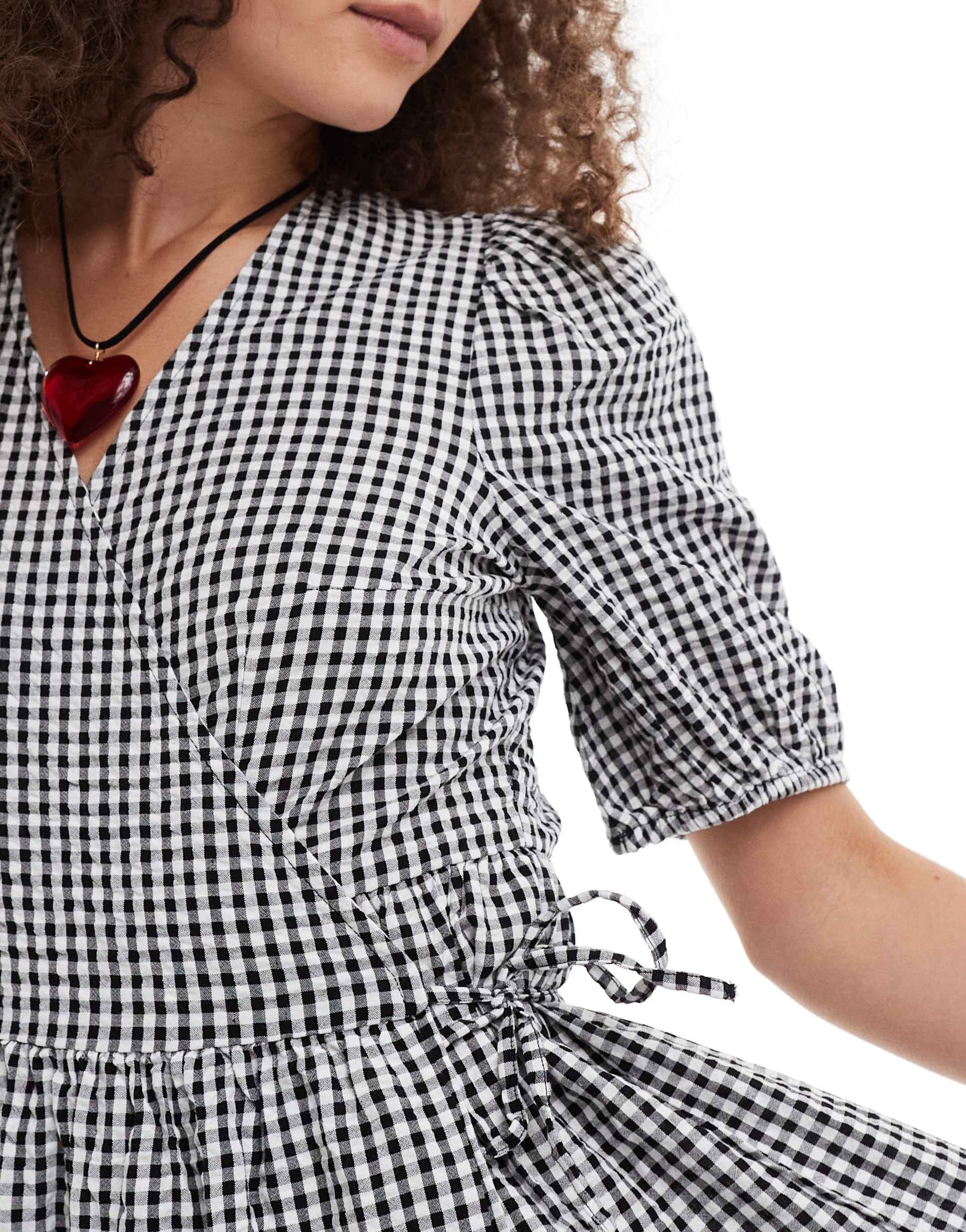 monki seersucker wrap midi dress with tiered layers in black and white gingham
