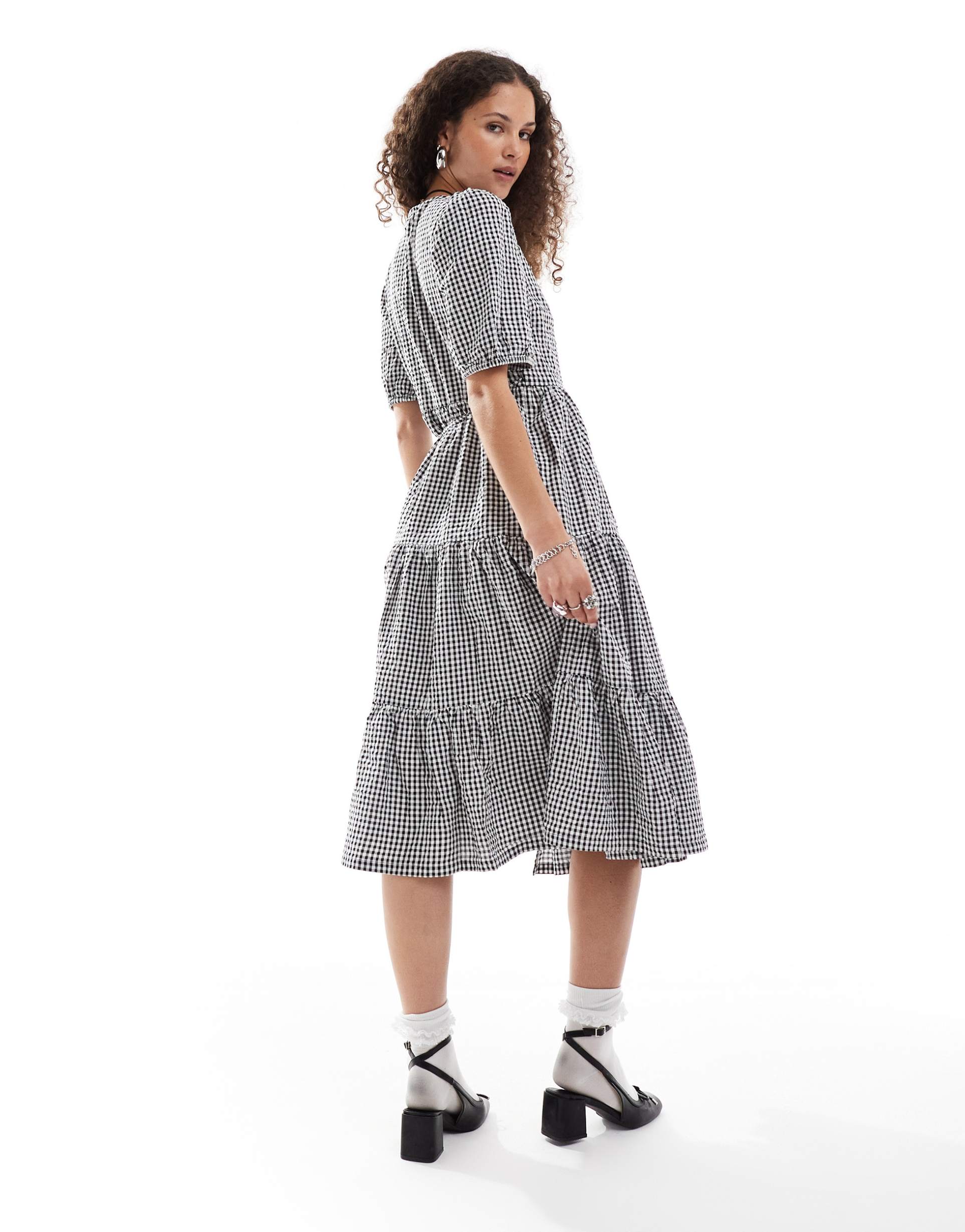 monki seersucker wrap midi dress with tiered layers in black and white gingham