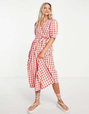 Monki seersucker wrap smock midi dress in red gingham-Multi