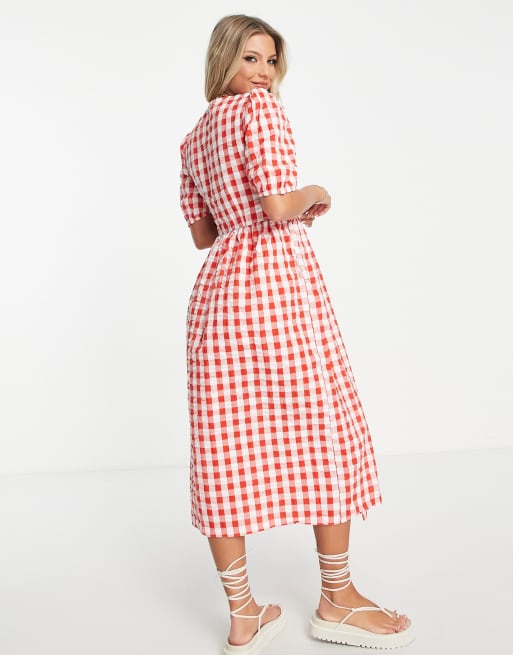 Monki seersucker wrap smock midi dress in red gingham, 2 of 4