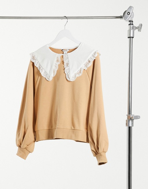 Monki Selma cotton sweatshirt with collar in beige