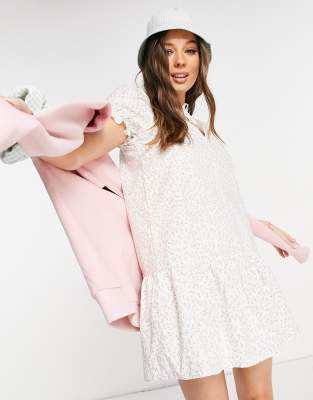 Monki Selma Smock Poplin Mini Dress In Ditsy Floral Print-multi | ModeSens