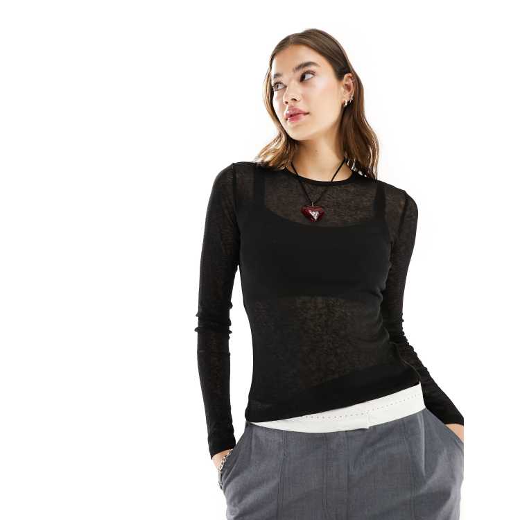 Monki ribbed semi sheer long sleeve top in black