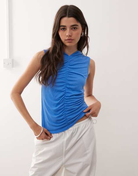 Monki semi sheer ruched front tank with hood in blue - view 1