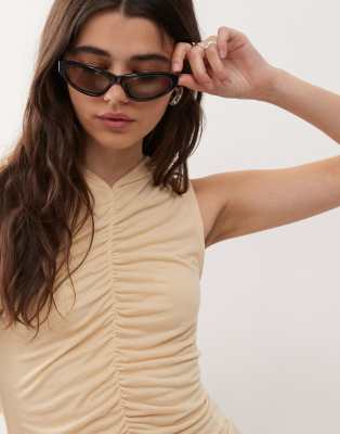 Monki Semi Sheer Ruched Front Tank With Hood In Yellow