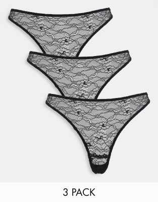 Monki - Set van 3 kanten strings in zwart | ASOS