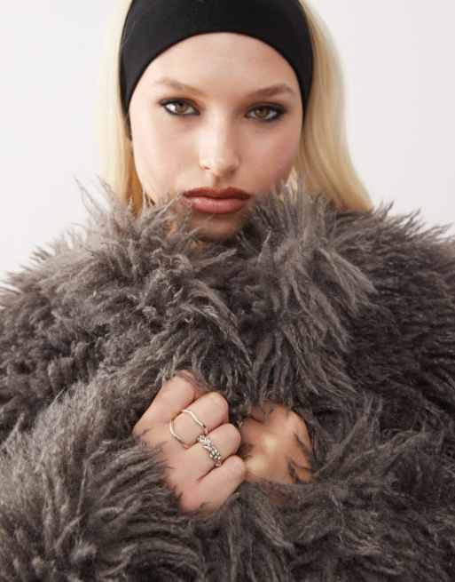 Mango shaggy faux fur coat in grey hotsell