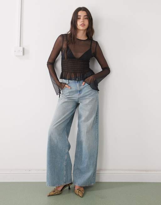 Monki sheer cinched waist mesh top in black, 2 of 4