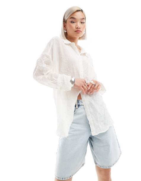 Monki sheer crinkle oversized shirt in off-white - view 1