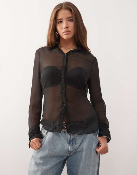 Monki sheer fitted shirt with tie in black - view 1