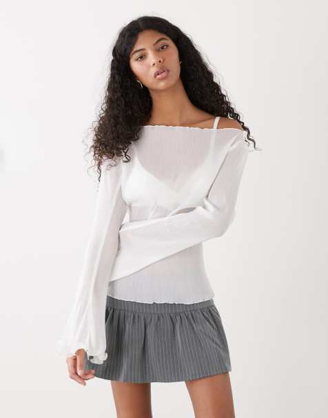 Monki sheer floaty long sleeve top in white