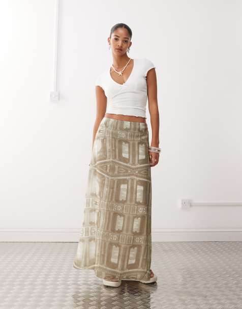 Monki sheer maxi skirt in renaissance print in khaki - view 1