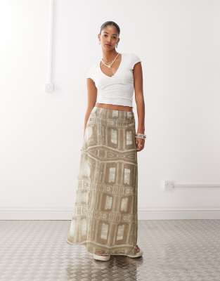 monki sheer maxi skirt in renaissance print in khaki