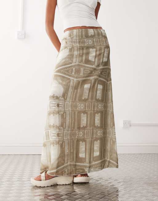[MONOHA] / ☆ 25SS Sheer band skirt / 3 colors Monki sheer maxi skirt in Renaissance print in khaki | ASOS