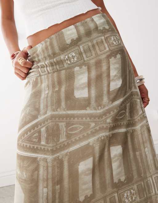 Monki sheer maxi skirt in renaissance print in khaki, 4 of 5