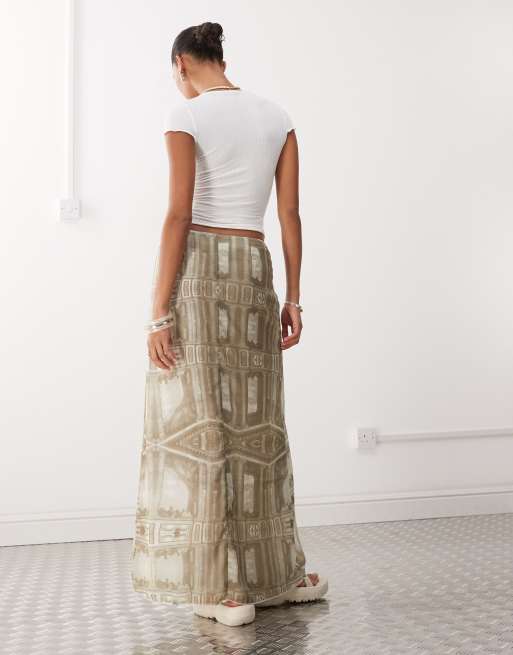 Monki sheer maxi skirt in renaissance print in khaki, 5 of 5