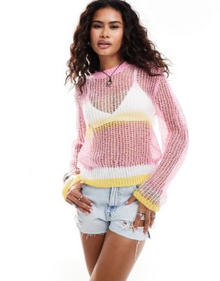 Monki sheer open knit sweater in light pink and white stripes