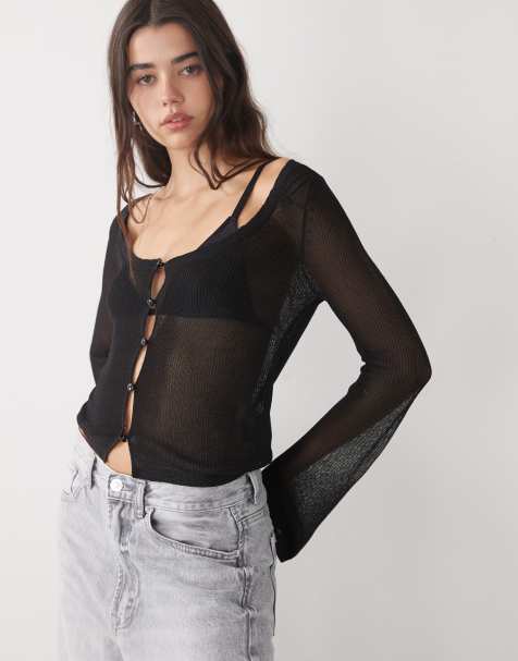 Monki sheer slim fit button front cardigan in black - view 1