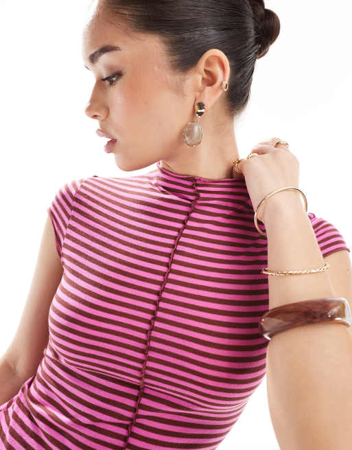 Monki sheer slim fit ribbed T-shirt in burgundy stripe