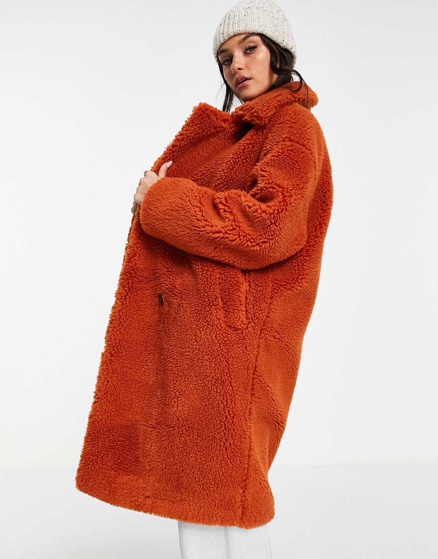 Monki Sherpa Coat In Rust-orange | ModeSens