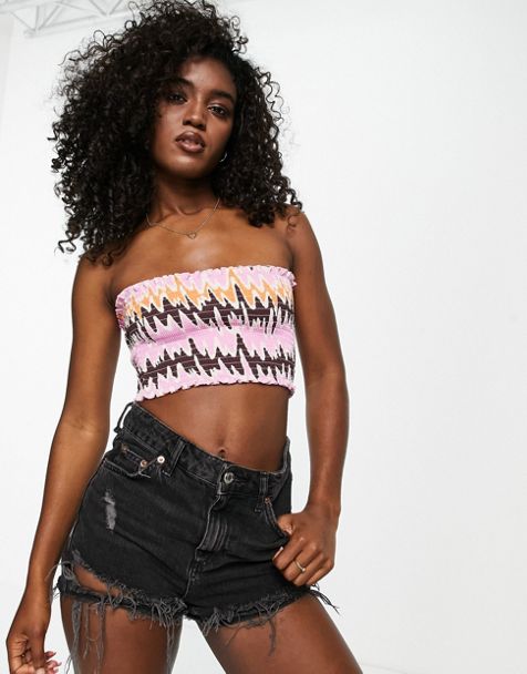 ASOS DESIGN ruched linen bra top in bright tropical print - part