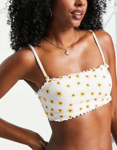Monki shirred bikini top in sunflower print - MULTI - view 1