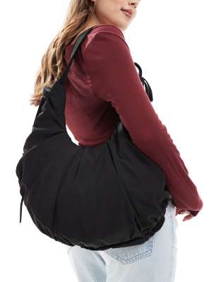 Monki Shirred Nylon Shoulder Bag With Tie Details In Black