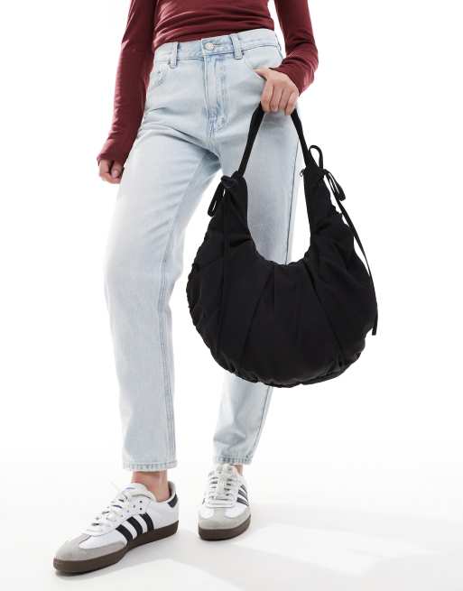 Monki shirred nylon shoulder bag with tie details in black, 4 of 4