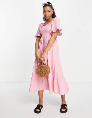 Monki shirred tiered midi dress in pink Smart Closet - Main Image