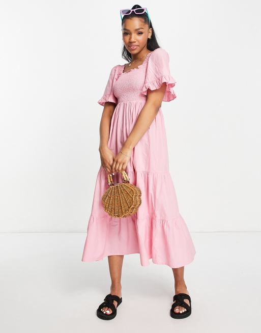 Monki shirred tiered midi dress in pink | ASOS