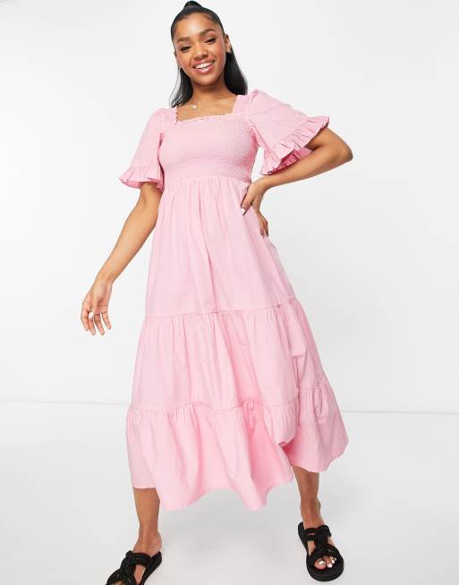 Monki shirred tiered midi dress in pink | ASOS