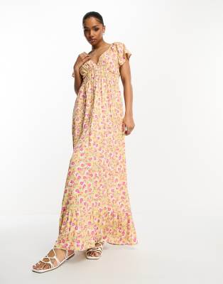 monki shirred waist maxi dress in yellow floral print