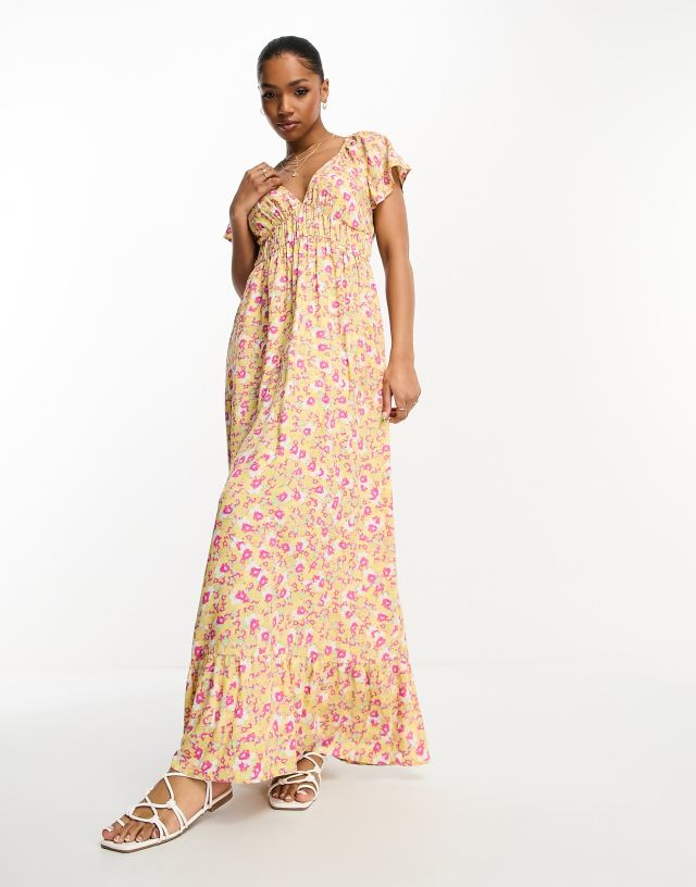 Monki - shirred waist maxi dress in yellow floral print