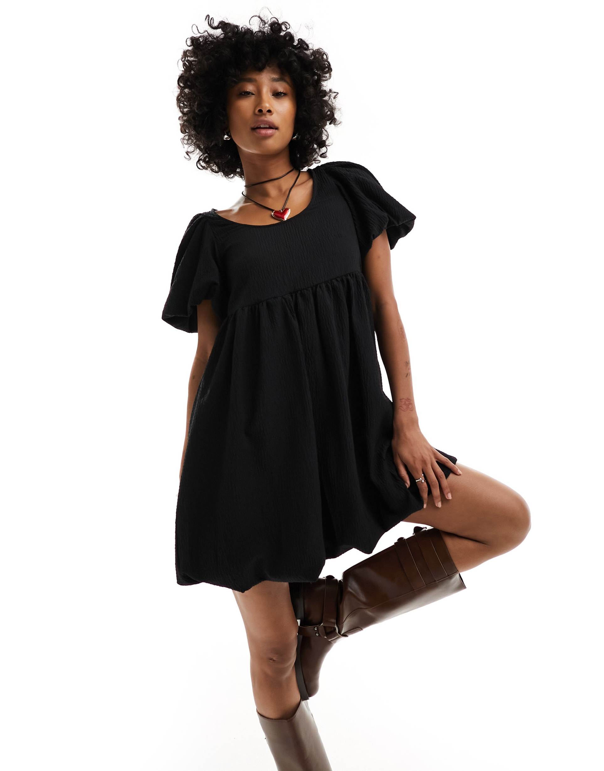 monki short balloon sleeve mini dress in black