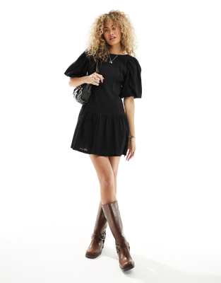 Monki short balloon sleeve mini dress with pleated volume bottom in black